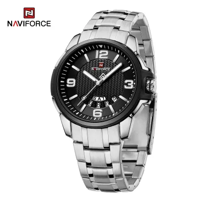 NAVIFORCE 9215 Men Wristwatch Top Brand Luxury Waterproof Watch Original Stainless Steel Sport Military Quartz Male Clock - Silver Black